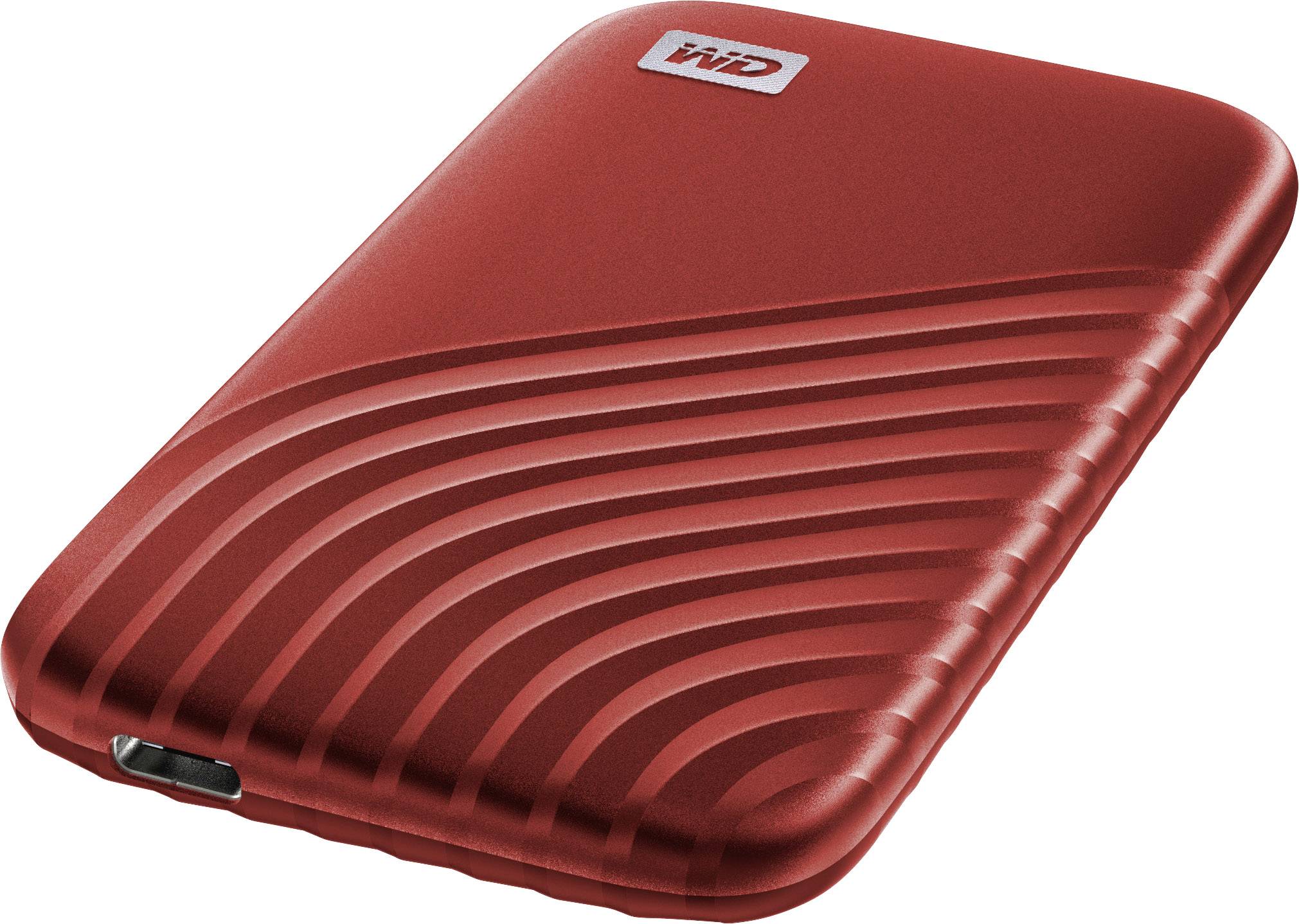 Hard disk esterno rosso a forma rettangolare con design scanalato. Connettore visibile sul lato. Logo del marchio in alto.