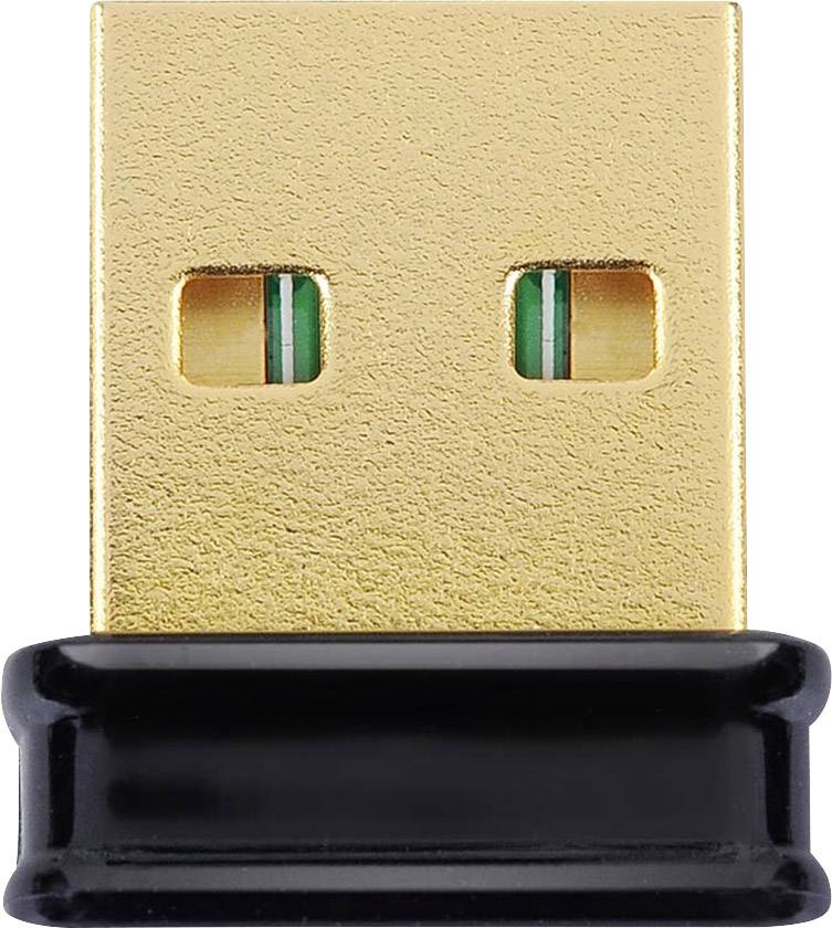 Un piccolo dongle USB dorato con base in plastica nera, principalmente utilizzato per connessioni wireless.