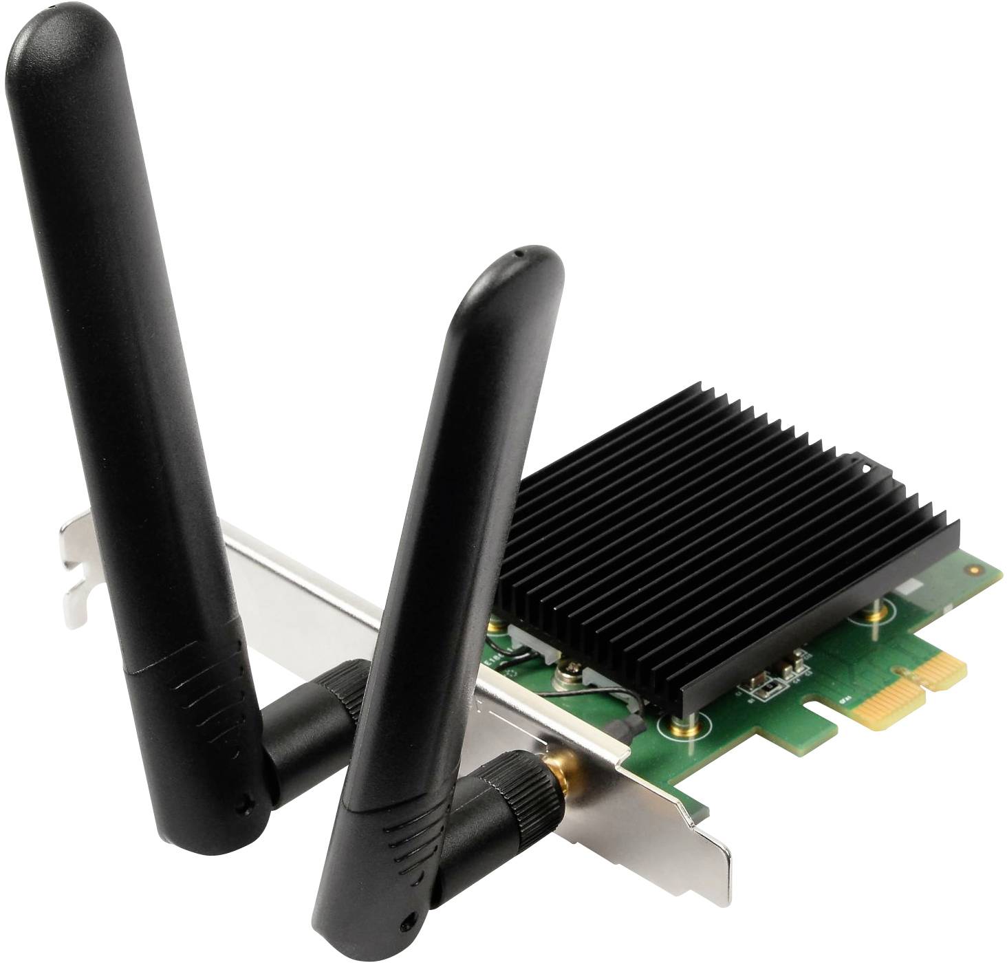 Una scheda di rete wireless con due antenne nere e un circuito verde, adatta all'installazione in un computer.