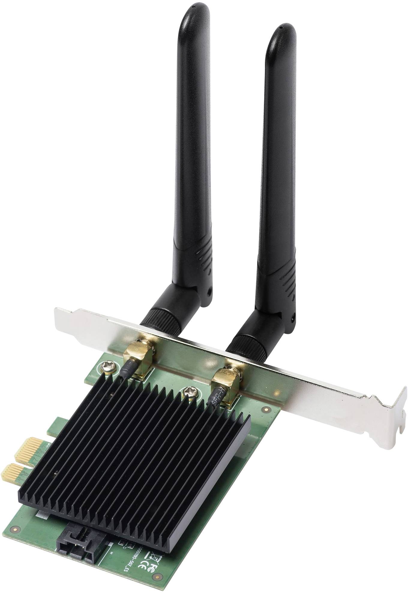 Una scheda di rete PCIe con due antenne per comunicazione wireless, idonea all'installazione in computer desktop.