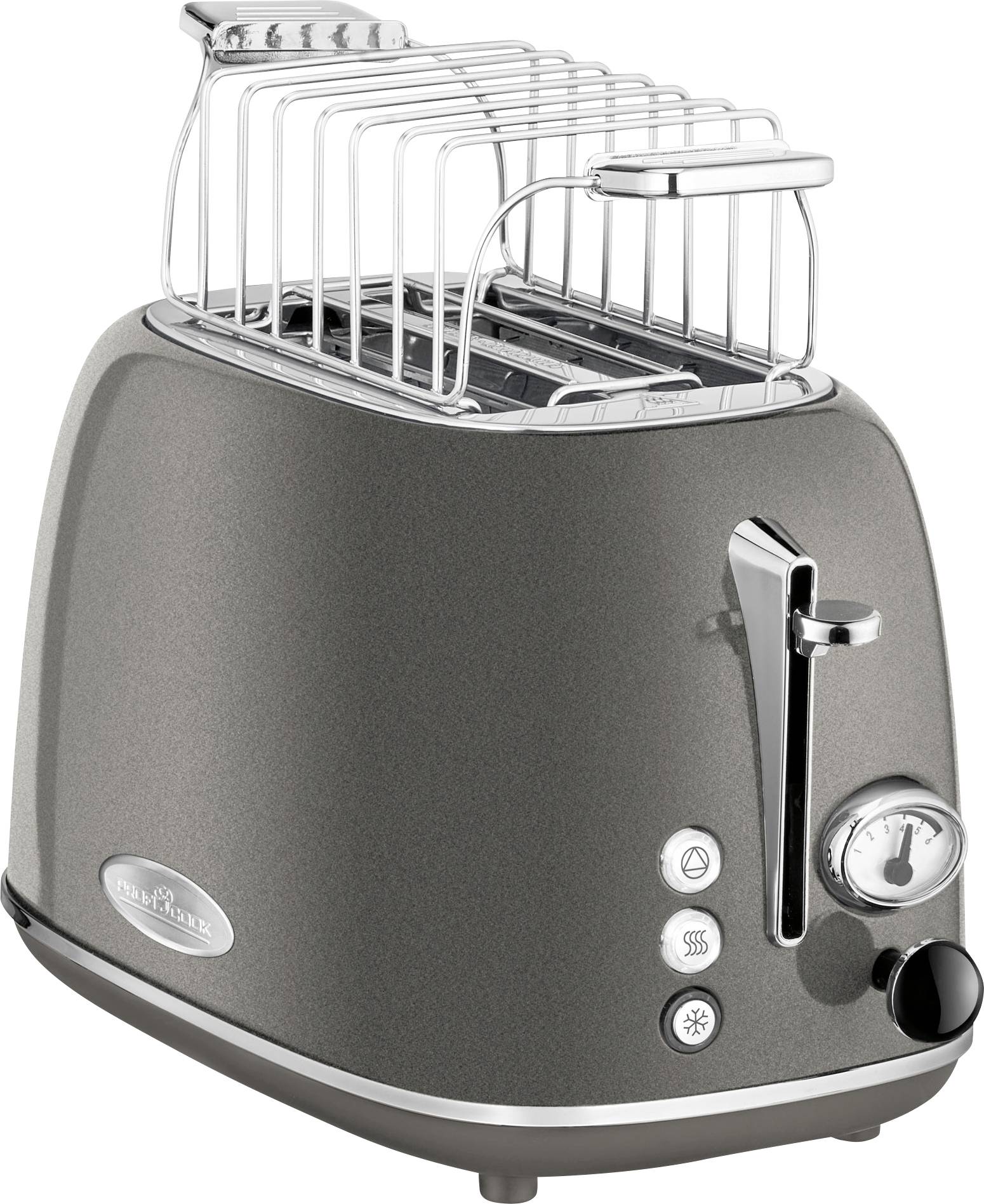 Un tostapane grigio con due fessure, un supporto per panini in alto, e manopole e tasti per diverse impostazioni sul lato.