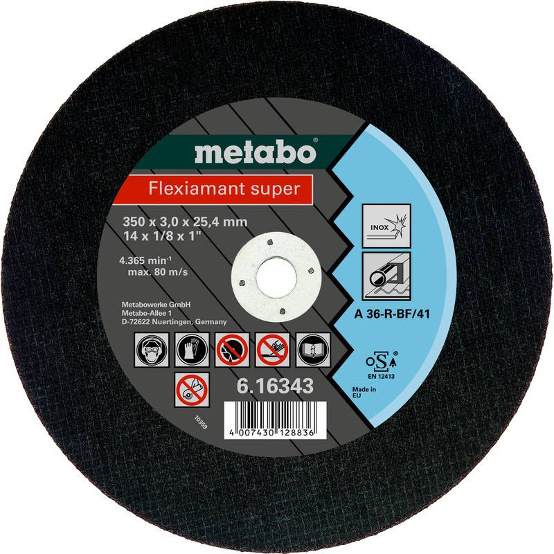 Disco abrasivo di taglio Metabo Flexiamant super, etichettato 350 x 3.0 x 25,4 mm per acciaio inossidabile e metallo, con codice prodotto 6.16343.