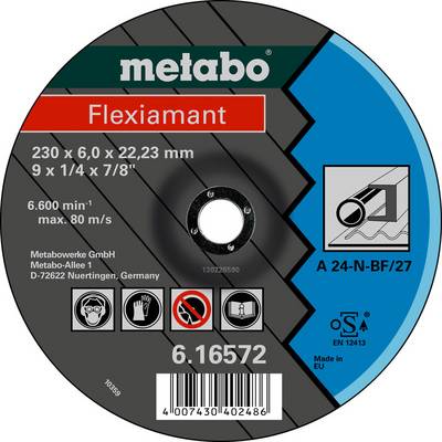 Disco abrasivo Metabo Flexiamant, formato 230 x 6.0 x 22.23 mm, velocità massima 80 m/s, modello A 24-N-BF/27, con pittogrammi di sicurezza.