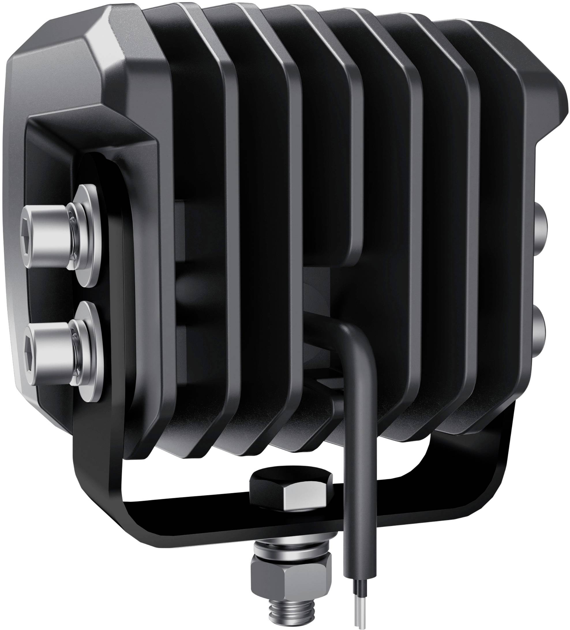 Radiatore nero industriale con alette di raffreddamento e fissaggio metallico. Adatto per applicazioni industriali.
