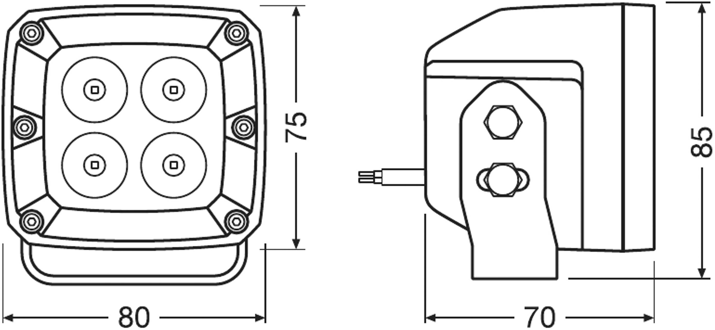 Disegno tecnico di una lampada a LED con involucro quadrato, dimensioni: larghezza 80 mm, altezza anteriore 75 mm e altezza laterale 85 mm.