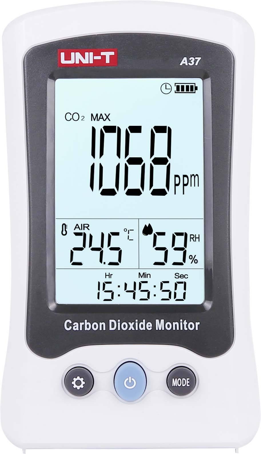 Un monitor di anidride carbonica mostra 1068 ppm di CO2, 24,5 gradi Celsius, 59% di umidità e l'ora 15:45:50.