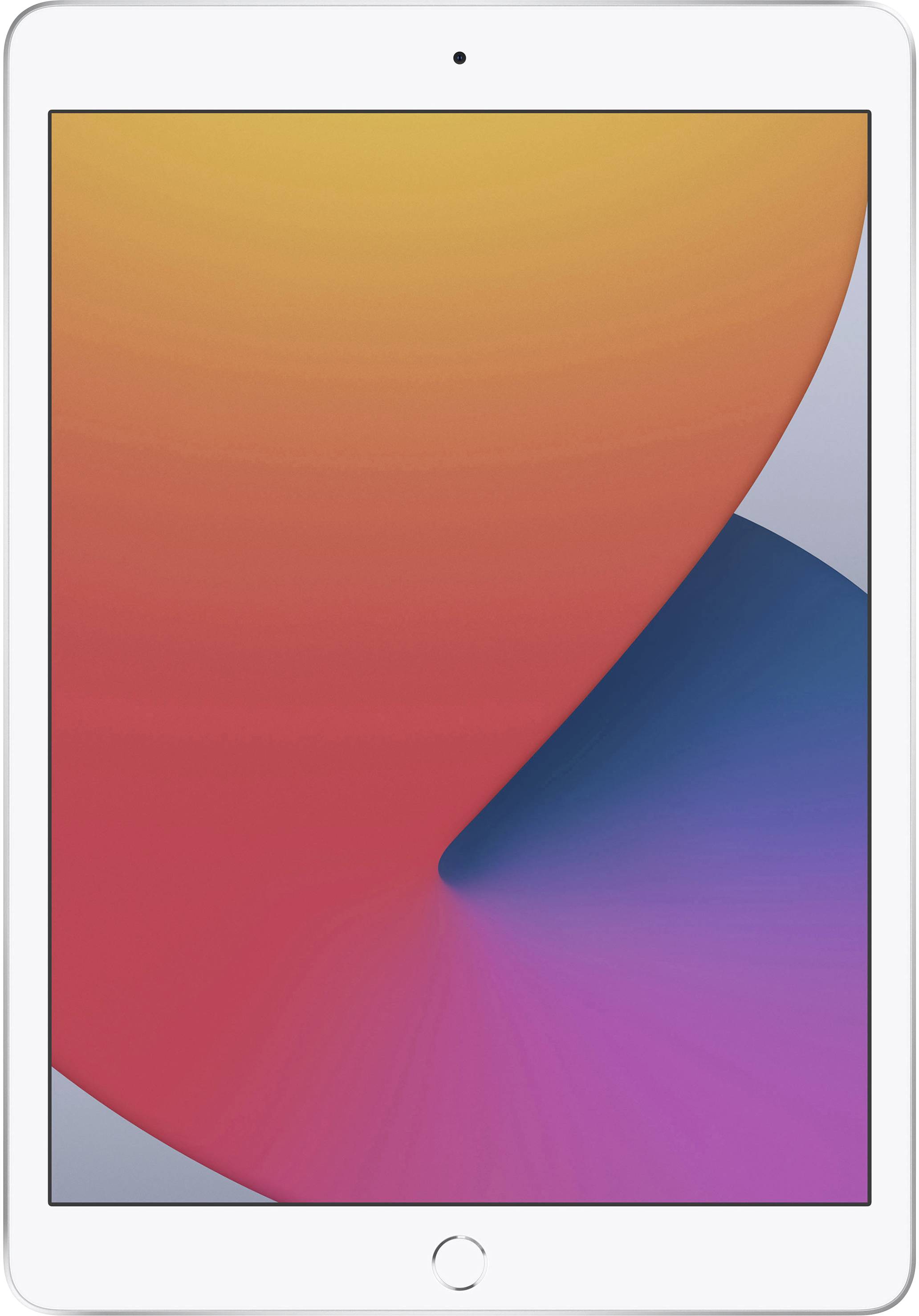 Un tablet con un display colorato che mostra transizioni fluide dall'arancione al blu. Il tablet ha una cornice argentata.