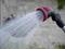 Un tubo da giardino spruzza acqua in un sottile getto da un ugello rosso-nero in un giardino.