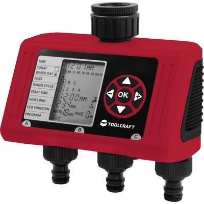 Temporizzatore digitale rosso per acqua con display. Mostra ora, data e impostazioni. Tre attacchi dell'acqua in basso. Pulsanti per il controllo.