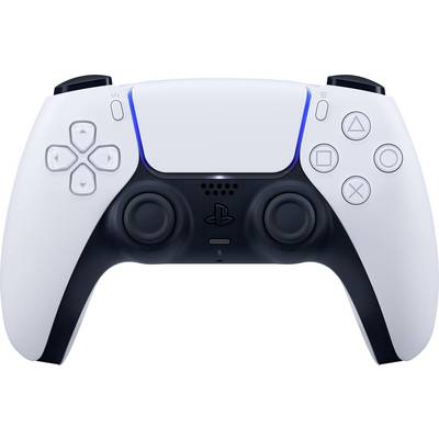 Un controller da gaming bianco con impugnature nere e luci LED blu, un design tipico per i moderni sistemi di videogiochi.