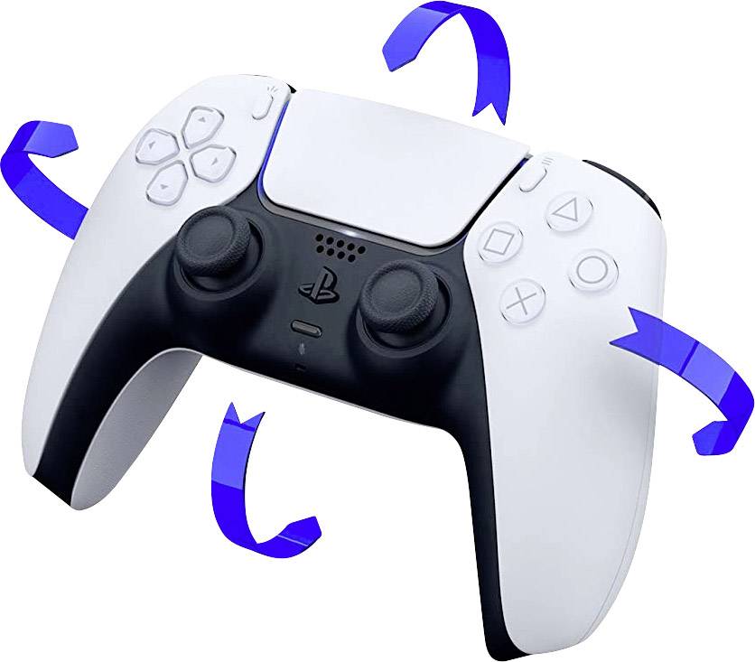 Un controller videogiochi bianco e nero con frecce blu che indicano movimenti rotatori intorno al controller.