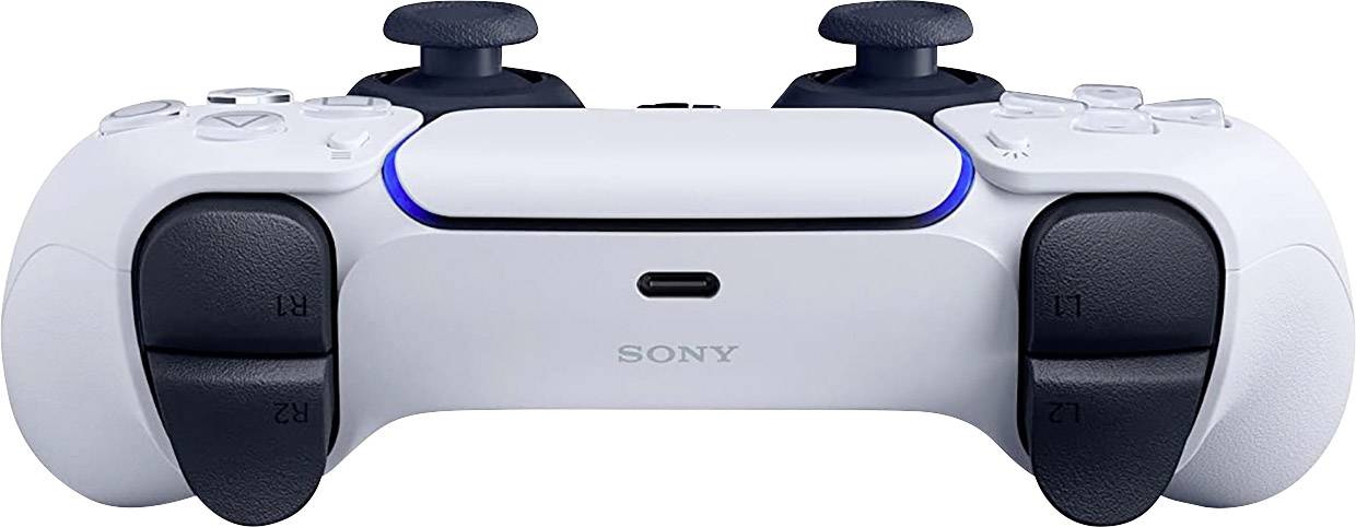 Un controller bianco con accenti neri e diversi tasti, adatto per videogiochi.