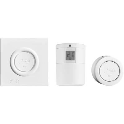 Termostato intelligente Danfoss; mostra '21°C' sul display. Contiene tasti per corrente elettrica e WLAN.