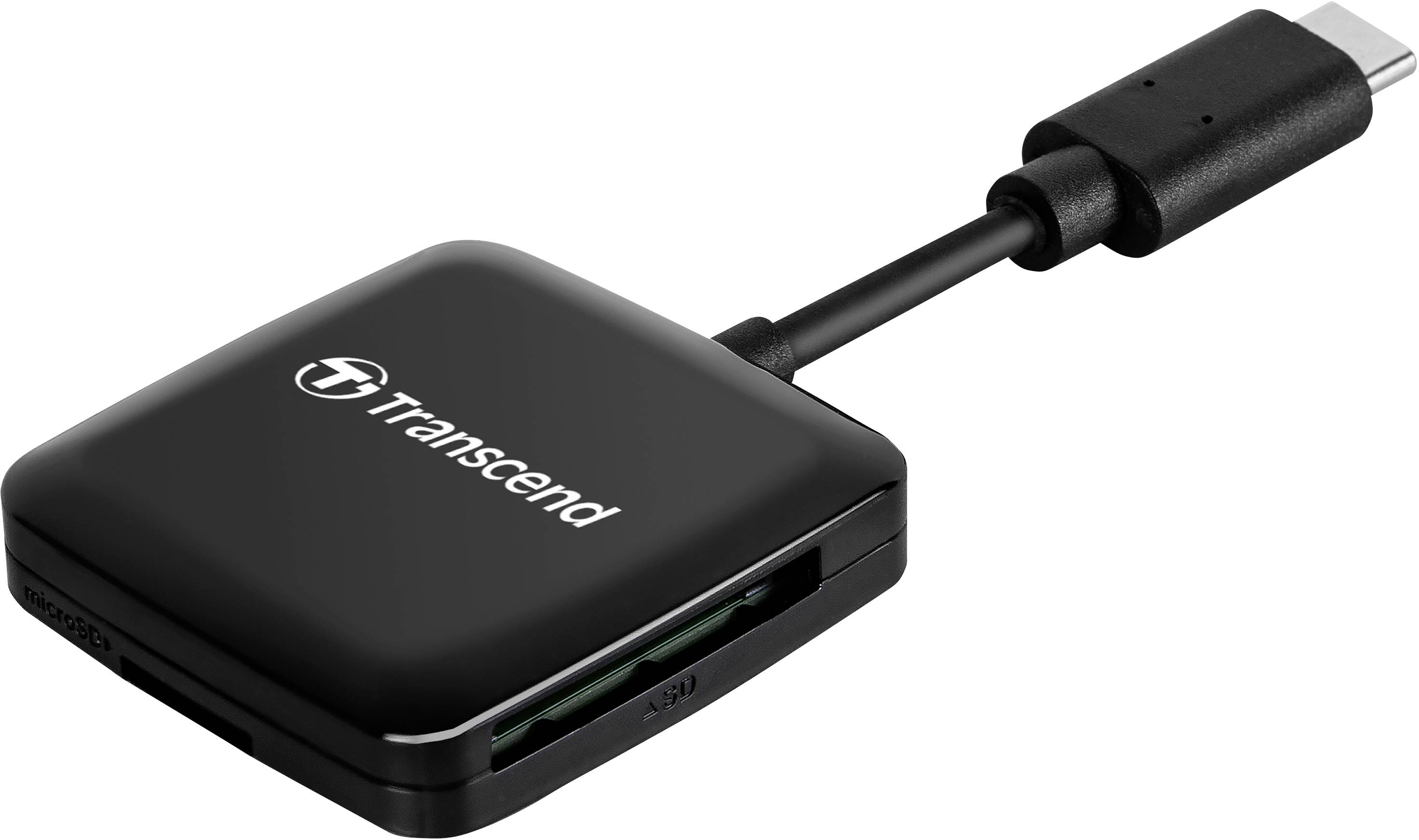Un lettore di schede Transcend nero con connettore USB-C che supporta diversi formati di schede di memoria.