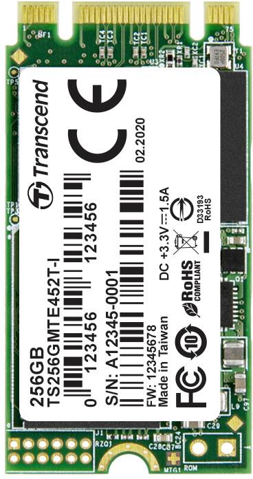 Transcend 256GB M.2 SSD, modello TS256GMTE452T-I, con specifiche tecniche e marchi di collaudo sull'etichetta, visto dall'alto.