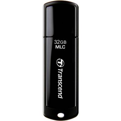 Chiavetta USB nera Transcend con scritta '32GB MLC', idonea all'archiviazione e al trasferimento di dati digitali.