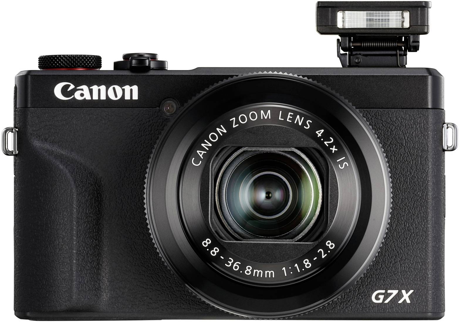 Fotocamera digitale con flash sollevato e obiettivo grande. Nome del marchio e modello 'G7 X' visibili sul lato anteriore.