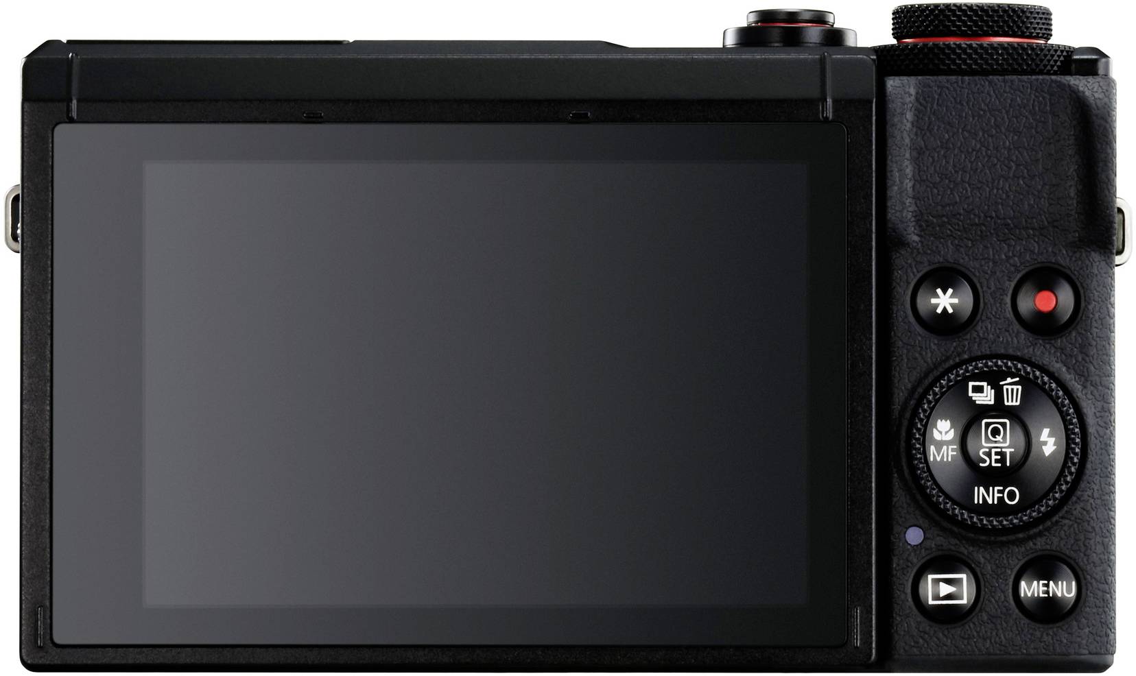 Il retro di una fotocamera digitale mostra lo schermo e diversi tasti di controllo, tra cui 'Info', 'Menu' e una ghiera di impostazione.