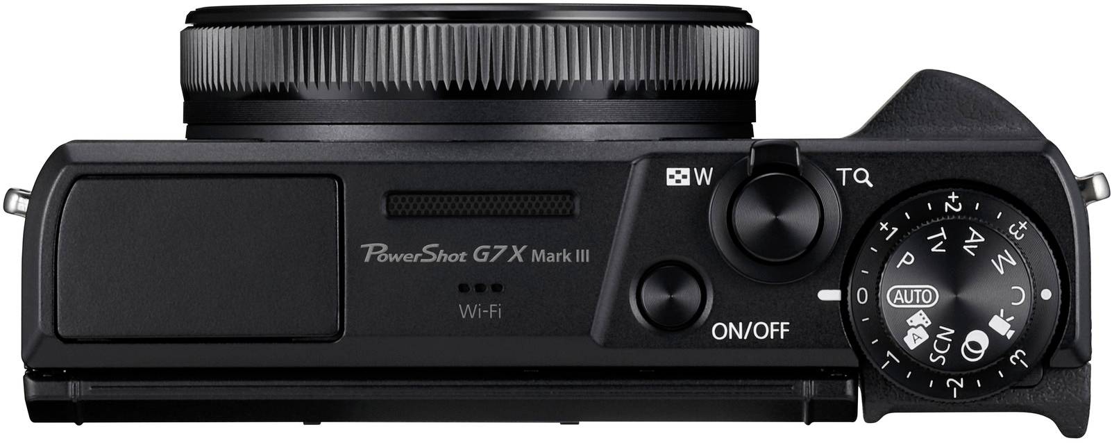 Fotocamera digitale ripresa dall'alto, modello PowerShot G7 X Mark III, che mostra i pulsanti di controllo e la ghiera dello zoom.