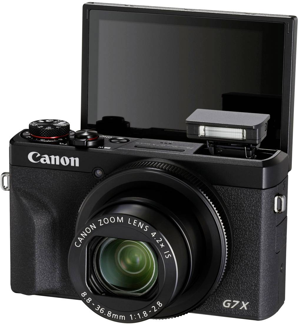Fotocamera digitale con schermo ribaltabile e flash. L'obiettivo è puntato verso l'osservatore, ed è visibile il marchio 'Canon'.