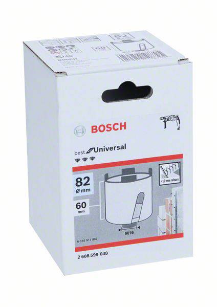 Una confezione bianca del marchio Bosch per una corona da trapano, adatta per materiali fino a 50 mm, diametro 82 mm, tipo 'Best Universal'.