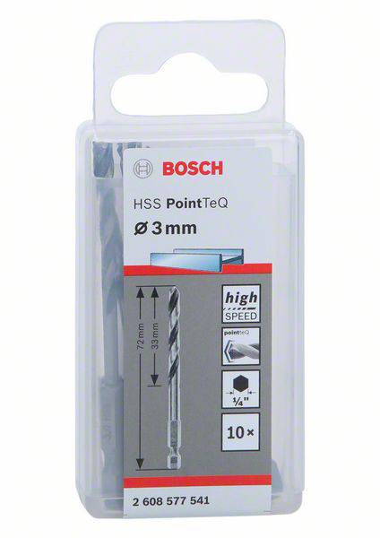 Punta per trapano 'HSS PointTeQ 3 mm' di Bosch in custodia di plastica, adatta per lavorazioni metalliche, contiene 10 pezzi ad alta velocità.