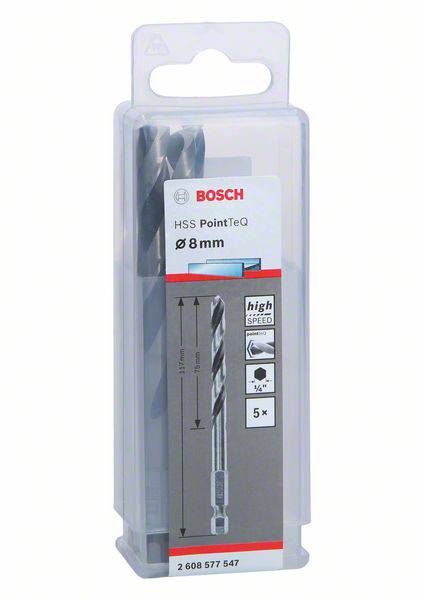 Set di 5 punte per metallo Bosch HSS PointTeQ, diametro 8 mm, confezionate, adatte per la lavorazione dei metalli, presentate come prodotto ad alta velocità.