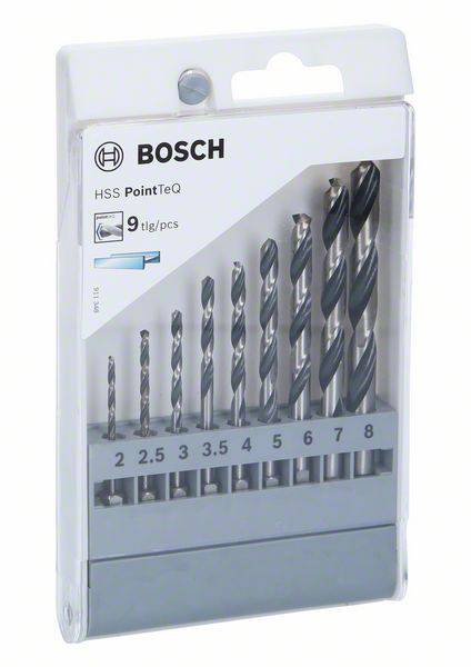 Confezione di un set di punte Bosch HSS PointTeQ composto da 9 pezzi, con misure da 2 a 8 mm, idoneo per la lavorazione dei metalli.