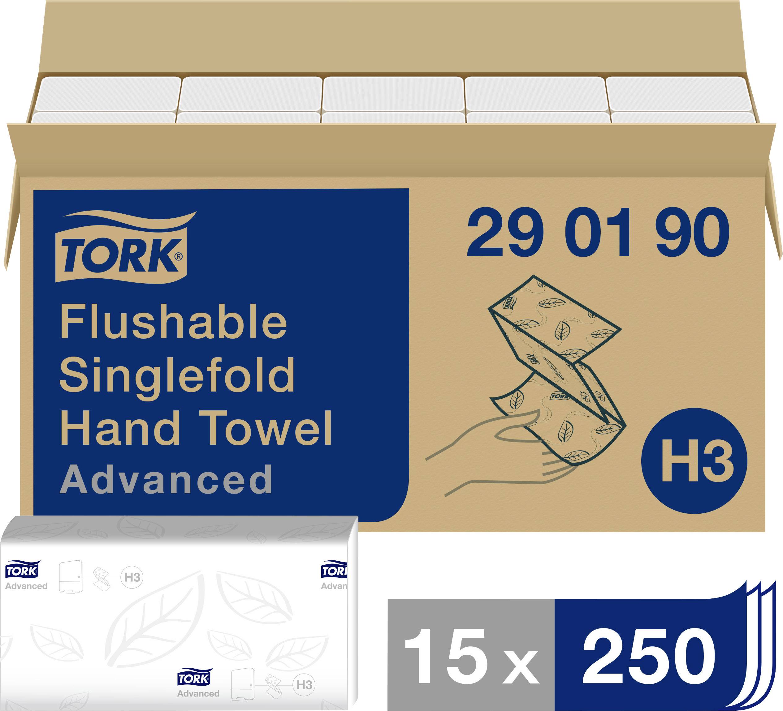 Un cartone con la scritta 'Tork Flushable Singlefold Hand Towel Advanced H3'. Contiene 15 confezioni da 250 pezzi ciascuna.
