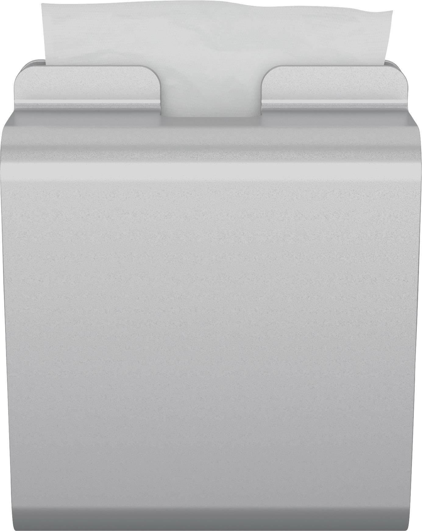 Distributore di asciugamani metallico con un foglio di carta che sporge dalla parte superiore.