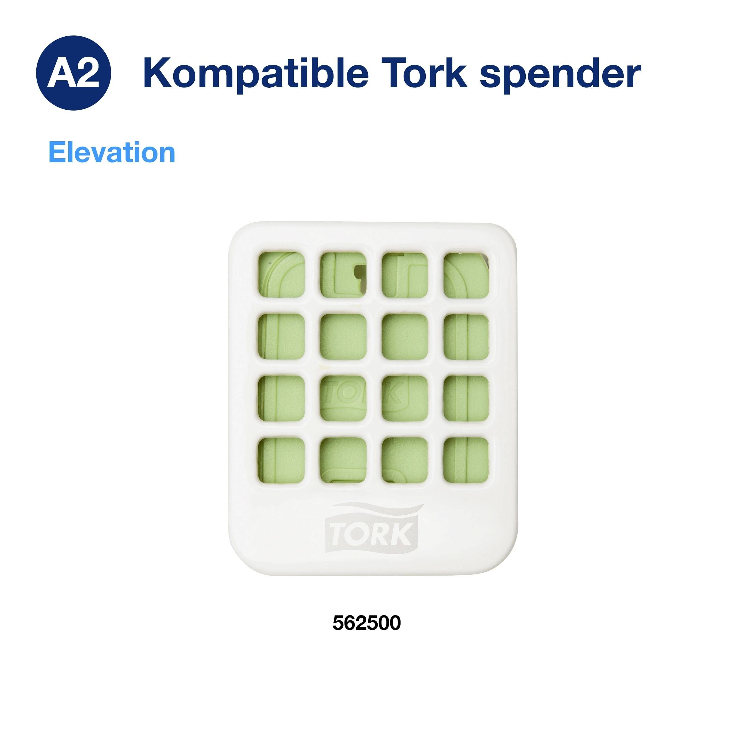 Un dispenser Tork Elevation compatibile A2 mostra un oggetto campione bianco quadrato con componenti verdi e l'etichetta '562500'.