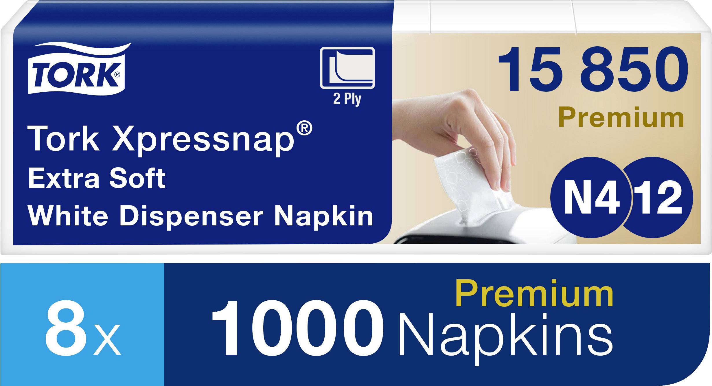 'Confezione di tovaglioli Tork Xpressnap, 1000 pezzi, qualità premium. L'immagine mostra una mano che preleva un tovagliolo da un dispenser.'
