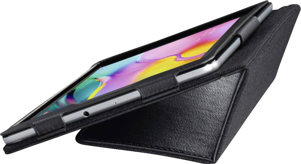 Un tablet in una custodia nera inclinato su un supporto, in modo che il display sia visibile.