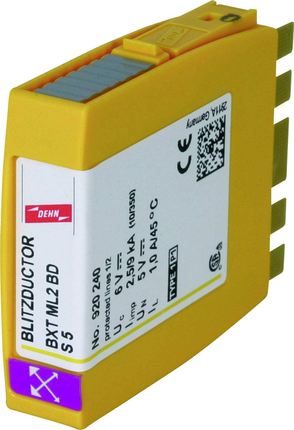 Dispositivo di protezione contro i fulmini giallo con la scritta 'BLITZDUCTOR BXT ML2 BD S 5', di DEHN, che mostra specifiche di sicurezza e tecniche.