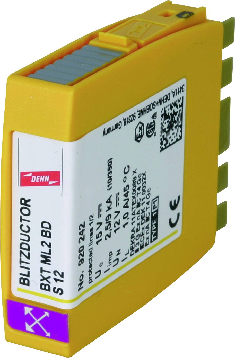 Un componente giallo di protezione da sovratensione DEHN, modello BXT ML2 BD S12, con dettagli tecnici e codice QR sull'etichetta.