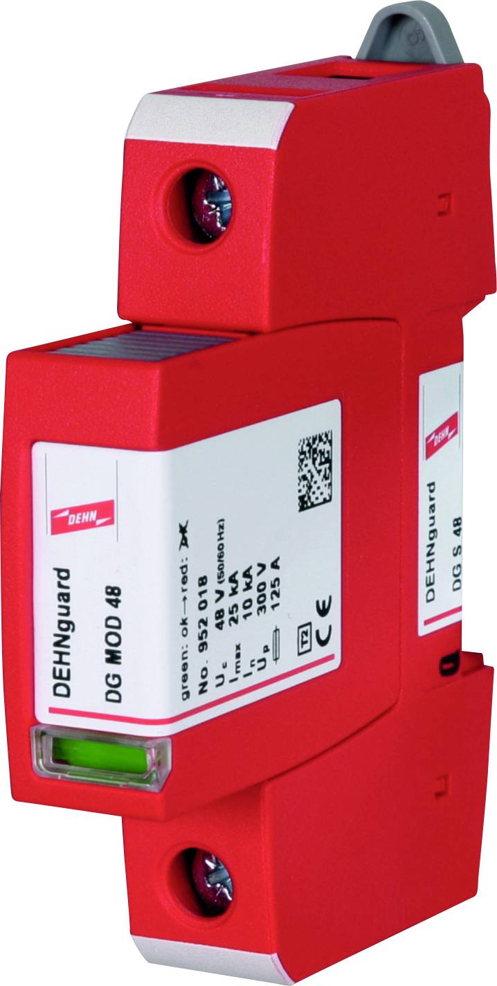 Un fulmine rosso e protezione contro le sovratensioni con etichetta bianca, riportante informazioni tecniche e codice QR, del marchio DEHN.