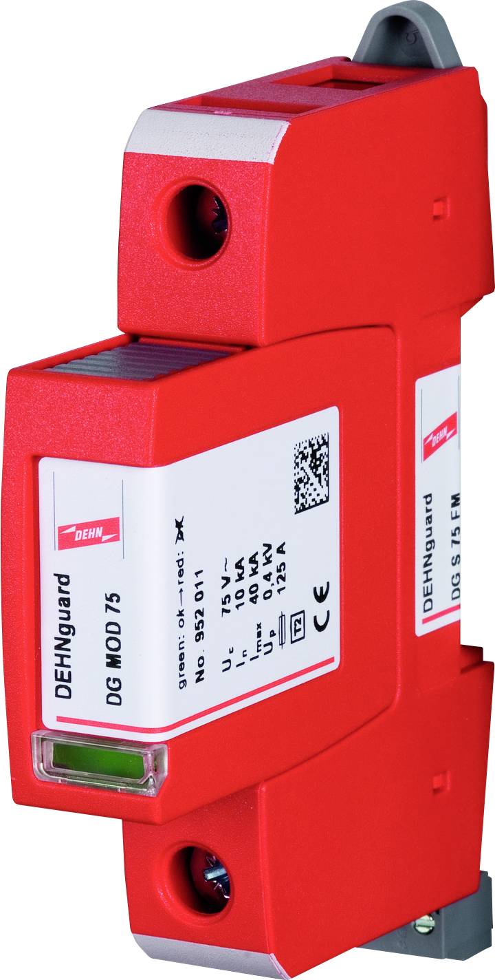 Dispositivo di protezione da sovratensione in custodia rossa con la scritta 'DEHNguard DG M OD 75'. Idoneo per l'utilizzo in impianti elettrici.