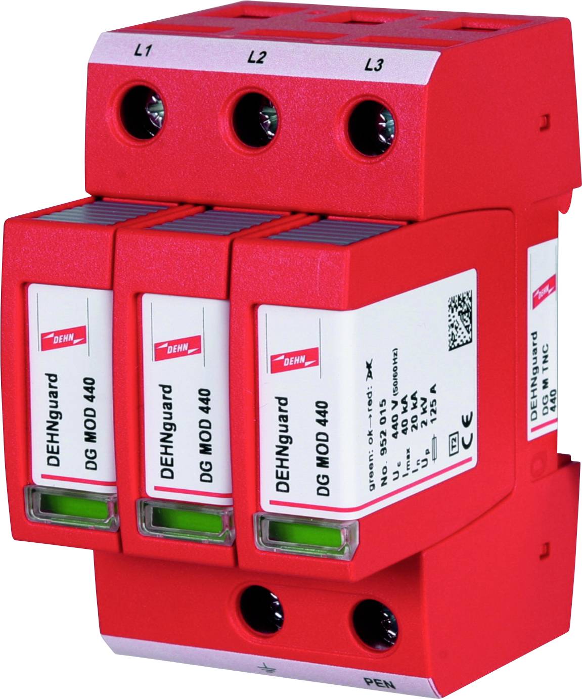 'DEHNguard DG MOD 440', un dispositivo di protezione contro le sovratensioni di colore rosso con più connessioni, viene mostrato.