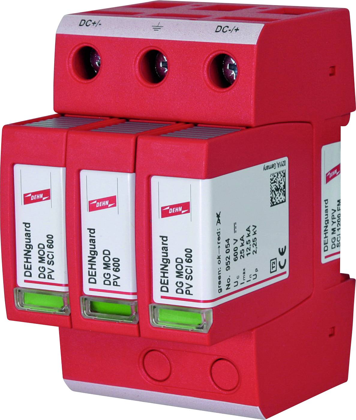 Protezione contro le sovratensioni Rosso DEHNguard M YPV SCI 600 con tre moduli di protezione, adatto per applicazioni in corrente continua per prevenire danni alle apparecchiature.