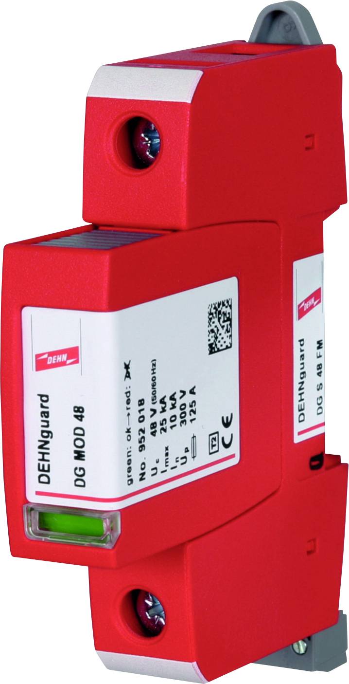 Protezione contro le sovratensioni Roter DEHNguard DG MOD 4P per 230/400 V, con campo indicatore verde e marchio CE, per impianti elettrici.