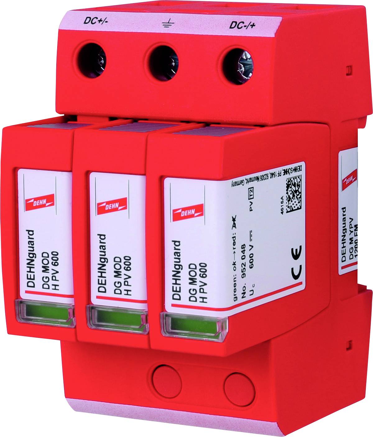 Dispositivo di protezione contro le sovratensioni rosso con tre moduli, contrassegnato con 'DEHNguard', connessioni DC in alto.