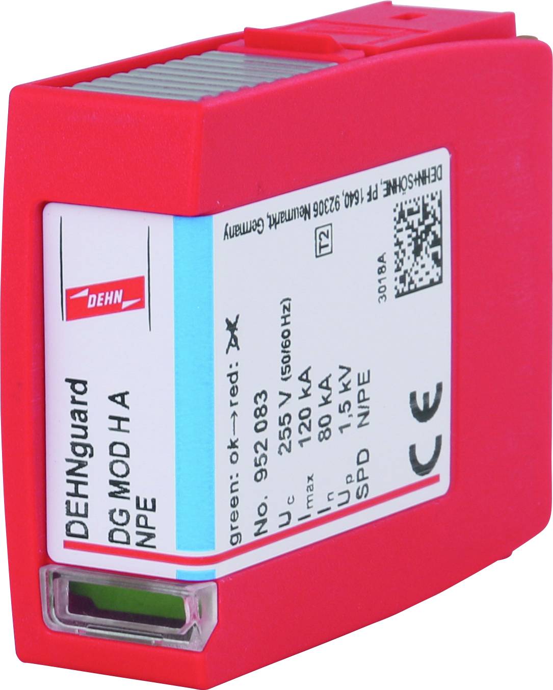 Dispositivo di protezione contro le sovratensioni di colore rosso, modello 'DEHNguard DG MOD H A NPE', con specifiche tecniche sull'etichetta.
