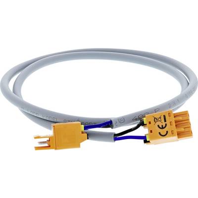 Cavo elettrico grigio con connettori arancioni alle estremità, utilizzato per connessioni di dispositivi speciali.