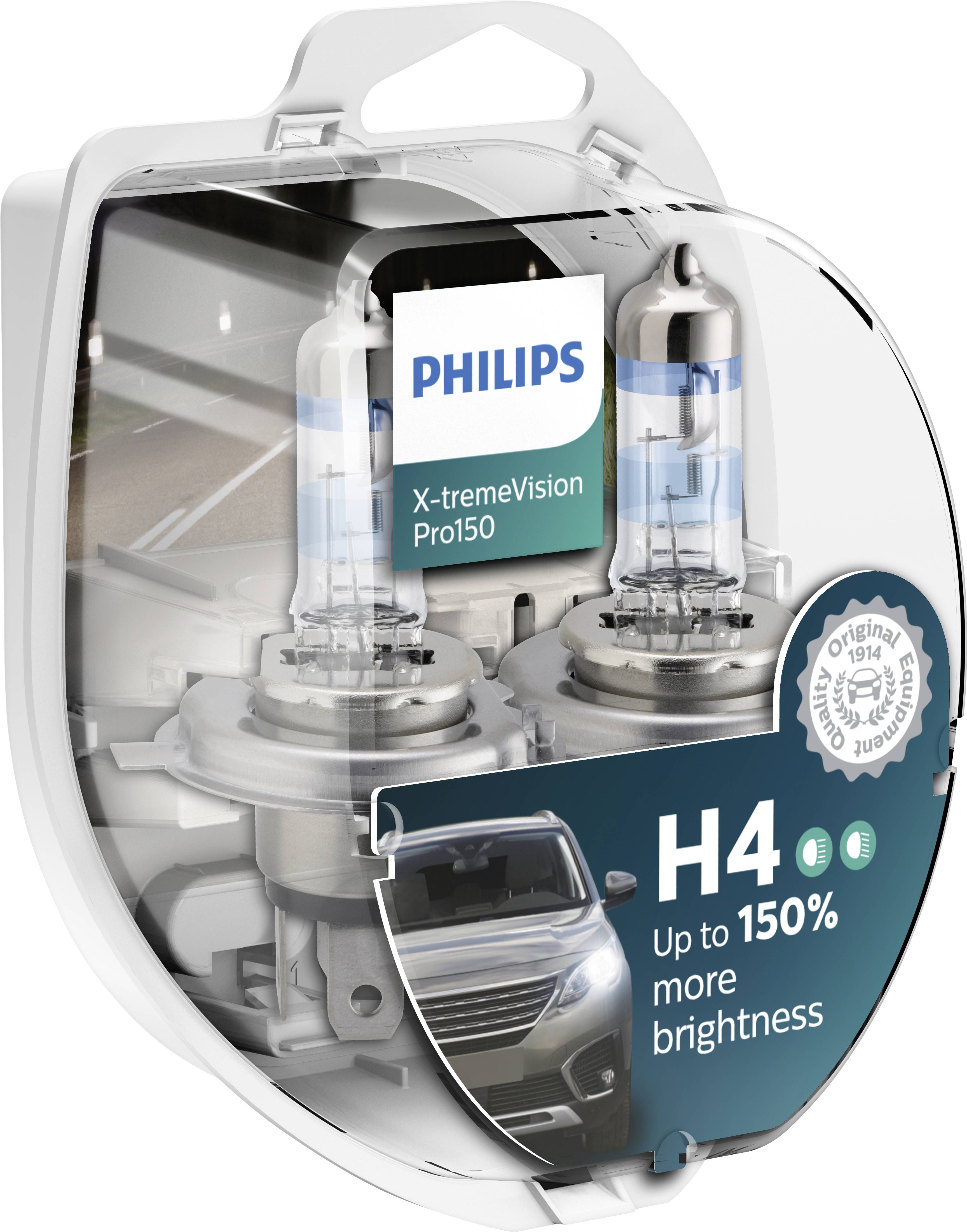 'Philips X-tremeVision Pro150 H4': Un set di due lampade per auto potenti con fino al 150% di luminosità in più per un'illuminazione stradale migliorata.