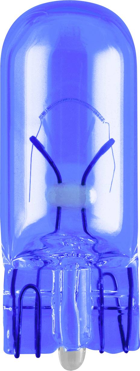 Una lampadina blu in primo piano, con un involucro di vetro trasparente che mostra il filamento incandescente.