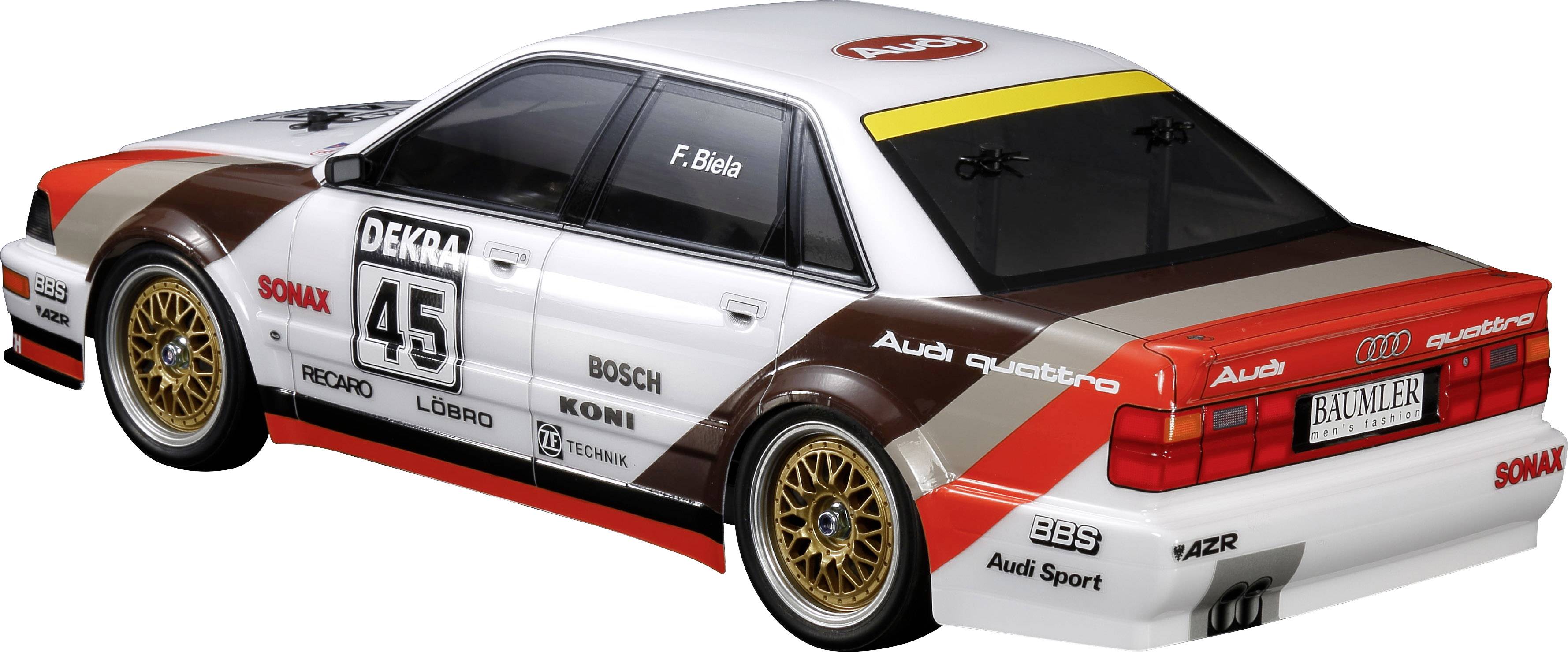 Un modellino di un'auto da corsa Audi Quattro in bianco, rosso e marrone con numero di gara '45' e diversi loghi degli sponsor.