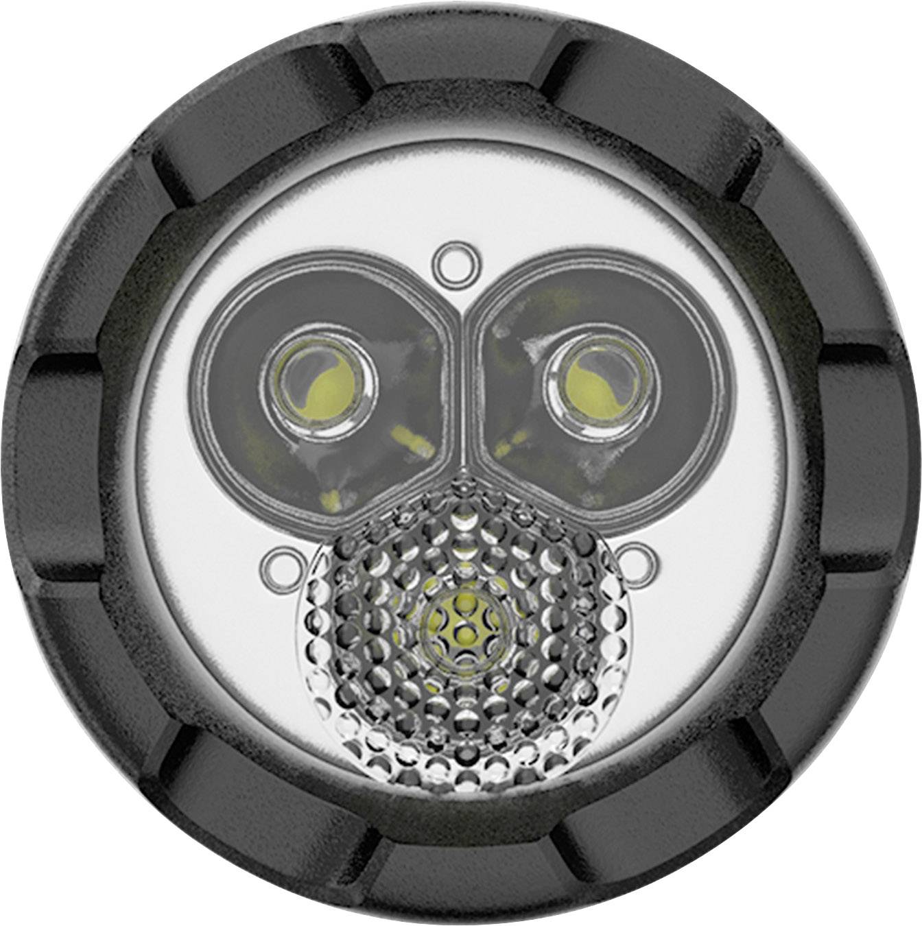 Luce LED rotonda con involucro nero, due lenti superiori di grandi dimensioni e una lente centrale più piccola, con struttura riflettente sottostante.