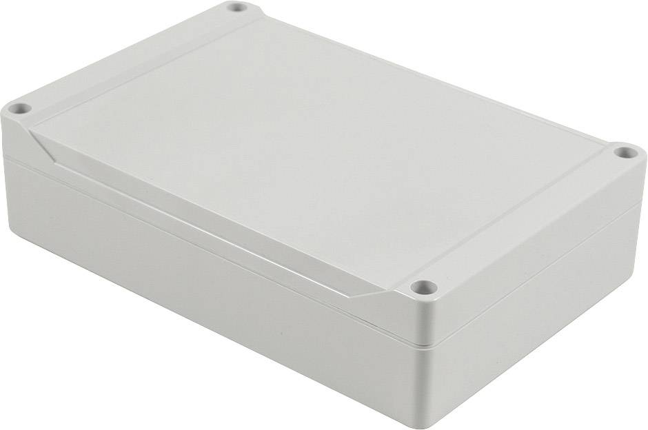 Involucro rettangolare grigio in plastica con angoli arrotondati e fori per viti in corrispondenza di ogni angolo, adatto per componenti elettronici.