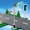 Una scena stradale LEGO con un lampione e un semaforo, circondati da piante e sullo sfondo un contesto urbano.