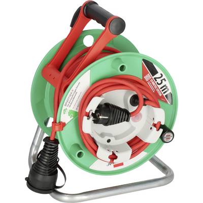 Un avvolgicavo verde con un cavo rosso avvolto intorno ad esso, una spina nera e un'impugnatura, e un'etichetta che indica una lunghezza di '25 m'.